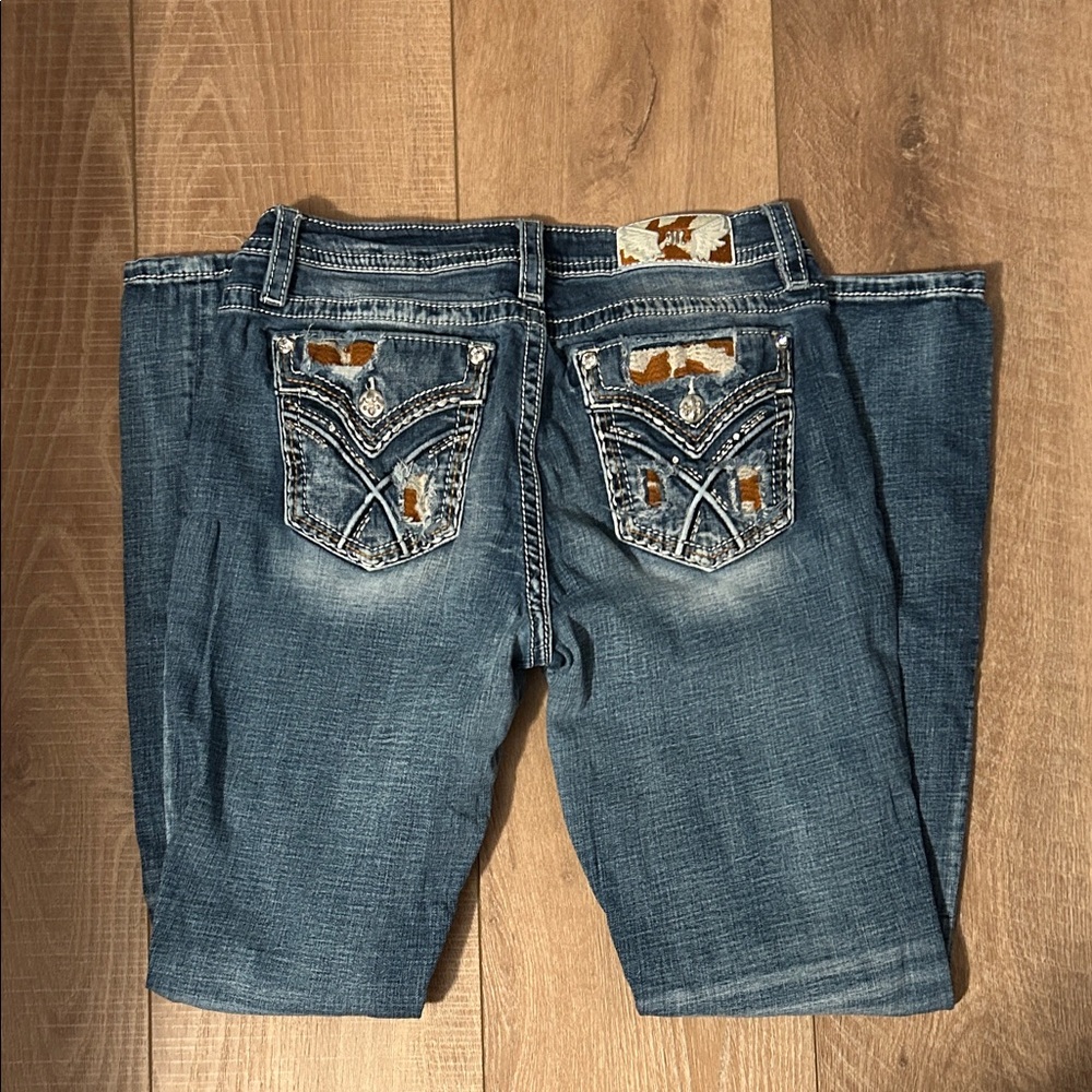 Miss Me Blue Boot Cut Jeans with Brown Patch Details